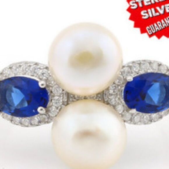 ELITE, New, JEWELRY, SIZE 7, .925 STERLING SILVER, SAPPHIRE, 7MM FW PEARL RING - Picture 5 of 10